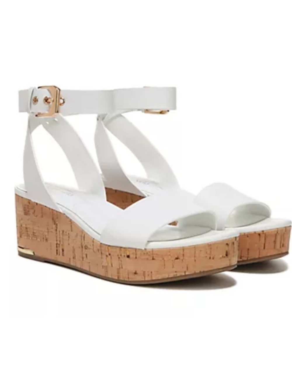 NWOT- leather Franco Sarto White Cork Platform Wedges with Ankle Strap size 6
